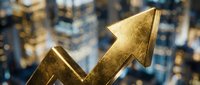 Golden upward arrow symbolizing financial growth, market success, and rising profits over blurred cityscape background for business and investment concepts.