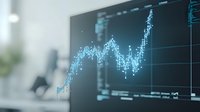 Glowing blue financial chart showing upward market trend on digital display screen in modern office environment with soft bokeh background effects.