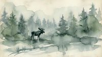 Watercolor painting of majestic moose standing in misty forest landscape with evergreen trees and mountain backdrop for nature artwork and home decor.