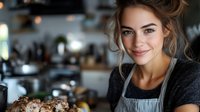 Young woman in kitchen apron smiling while preparing homemade food. Cozy home cooking atmosphere with blurred kitchen background.