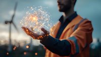 Caucasian man in orange safety vest holding glowing network sphere, digital transformation concept against industrial background with wind turbines at dusk.