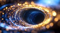 Swirling cosmic vortex with golden and blue glowing particles forming spiral tunnel against dark background, abstract space-time concept for science designs.