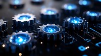 Glowing blue mechanical gears interconnected on dark surface with selective focus, creating futuristic industrial machinery concept for technology backgrounds.