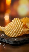 Golden crispy potato chips with ridged texture on dark slate board with warm bokeh background for snack food advertising and culinary content.