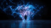 Silhouette of person standing before glowing cosmic energy portal with blue and purple light particles, reflecting on dark wet surface. Surreal sci-fi concept.