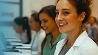 Young diverse female medical students or healthcare professionals smiling during training session in modern classroom or hospital setting.
