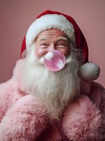 Elderly male character with white beard wearing red and pink Santa suit blowing pink bubble gum against pink background. Perfect for holiday campaigns, festive marketing, and Christmas advertising projects.
