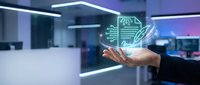 Digital document management concept with glowing holographic file icon floating above businessman hand in modern office environment for technology presentations.