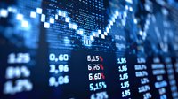 Digital stock market data display showing financial charts, trading numbers, and percentage changes in blue and red tones, suitable for business and finance concepts.