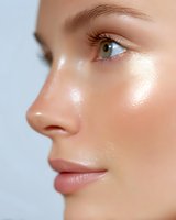 Close-up profile view of glowing, hydrated skin with natural makeup highlighting cheekbones and green eye, showcasing dewy complexion and flawless skincare results.