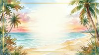 Tropical beach sunset with palm trees, sandy shore, and calm ocean waters in warm golden and pink tones. Watercolor style artwork suitable for travel, vacation, and coastal design projects.