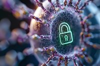 Glowing green padlock icon surrounded by virus structure represents cybersecurity and health data protection in medical technology environment.