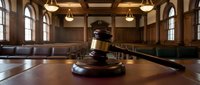 Wooden gavel and sound block on judge's bench in elegant courtroom with warm lighting and traditional architecture for legal proceedings.
