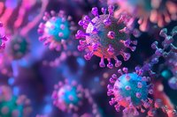 Colorful 3D visualization of virus particles with spike proteins in vibrant purple, pink, and teal colors against dark background for medical or scientific context.