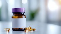 Amber glass bottle with blank label and omega-3 fish oil capsules scattered on reflective surface against blurred background. For pharmaceutical marketing.