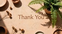 Thank you text on terracotta textured surface with fern leaves, dried flowers, and clay pots, warm earthy tones for greeting card design.