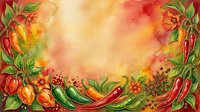 Vibrant autumn harvest frame with red peppers, chili peppers, and seasonal vegetables on warm watercolor background, perfect for fall designs.