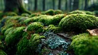 Lush green moss growing on forest floor with decaying wood, creating natural texture in dark woodland environment with soft bokeh background.
