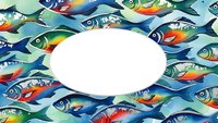 Colorful fish swimming in circular pattern around white oval space for text or logo placement on aquatic background with marine life illustration.