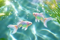 Colorful fantasy goldfish swimming in sparkling turquoise water with green aquatic plants and light rays creating magical underwater atmosphere.