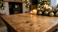 Rustic wooden table surface with Christmas decorations and warm bokeh lights in cozy living room interior for holiday product display and seasonal marketing.
