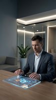 Caucasian male professional in dark blazer and white shirt working with holographic digital interface tablet at wooden desk in modern office with LED lighting and potted plant.