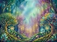 Enchanted forest pathway with glowing trees, magical lights, and vibrant aurora borealis sky. Fantasy woodland scene for digital art, gaming, and creative design projects.