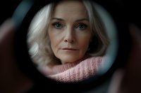 Elegant mature woman with blonde hair wearing pink sweater reflected in mirror, dark moody portrait showing natural aging beauty and self-reflection.