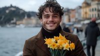 Young Caucasian man with curly dark hair smiling while holding fresh yellow daffodils bouquet, wearing brown coat against coastal town background on cloudy day.