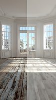 Elegant bay window room with ornate crown molding, French doors, and contrasting rustic and modern wood flooring bathed in natural sunlight.