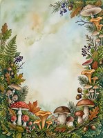Watercolor autumn forest frame with mushrooms, ferns, berries and leaves on textured paper background for seasonal greeting cards and invitations.