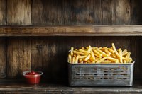 Golden crispy french fries served in vintage metal basket with red tomato sauce on rustic wooden shelf background, classic fast food presentation.