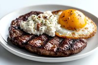 Juicy grilled ribeye steak topped with cottage cheese and sunny side up egg on white plate. Garnished with fresh herbs and black pepper for gourmet breakfast.