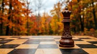 Wooden chess king piece on board with autumn forest background, strategic thinking and leadership concept for business planning and decision making.