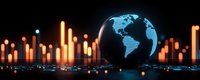 Global business analytics with illuminated data visualization charts and world globe representing international market trends and economic growth.
