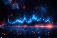 Futuristic audio wave visualization with glowing blue equalizer bars on reflective grid surface against cosmic nebula background with red and blue stars.