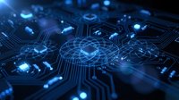 Futuristic digital circuit board with glowing blue connections and data pathways for technology and artificial intelligence concepts.