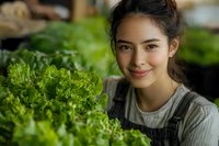 Young Asian female farmer smiling while harvesting fresh green lettuce in organic vegetable garden, sustainable agriculture and local farming concept.