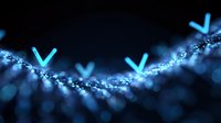 Glowing blue DNA strand with V-shaped molecules on dark background, scientific visualization showing genetic structure and molecular bonds.
