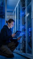 Female IT technician working with tablet in server room with blue lighting. Professional woman monitoring network infrastructure and data center equipment.