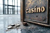 Vintage metallic sign with gold lettering spelling casino on weathered surface with scattered old coins, creating atmospheric gambling establishment ambiance.