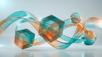 Translucent glass ribbons and geometric cubes in turquoise and amber tones flow across a neutral surface, creating an abstract composition with light refraction and modern elegance.
