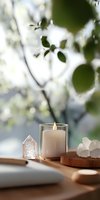 Serene wellness composition with glowing candle, healing crystals and natural elements on wooden surface against soft bokeh background of spring foliage.
