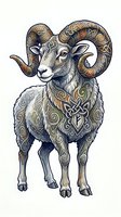 Stylized ram with ornate Celtic and tribal patterns covering horns, body and legs in gold, bronze and cream tones. Isolated illustration for design, apparel and branding projects.