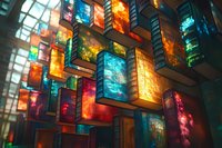 Vibrant stained glass panels in various colors create a geometric wall installation with light shining through, producing a kaleidoscopic effect in an architectural space.