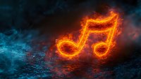 Fiery musical note symbol burning with orange flames against dark smoky background for music production and entertainment design concepts.