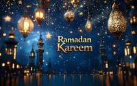 Glowing oriental lanterns and golden stars against dark blue night sky with mosque silhouettes and Ramadan Kareem greeting text create festive holiday atmosphere.