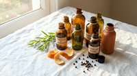 Collection of amber glass essential oil bottles with natural ingredients including rosemary, turmeric and peppercorns on white marble surface near window.