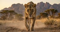 Young lioness walking through African savanna landscape with acacia trees and mountains during golden hour sunset creating dramatic wildlife scene.
