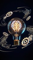 Glowing light bulb with brain filament surrounded by golden gear mechanisms and circuit patterns on dark background representing innovation and creative thinking.